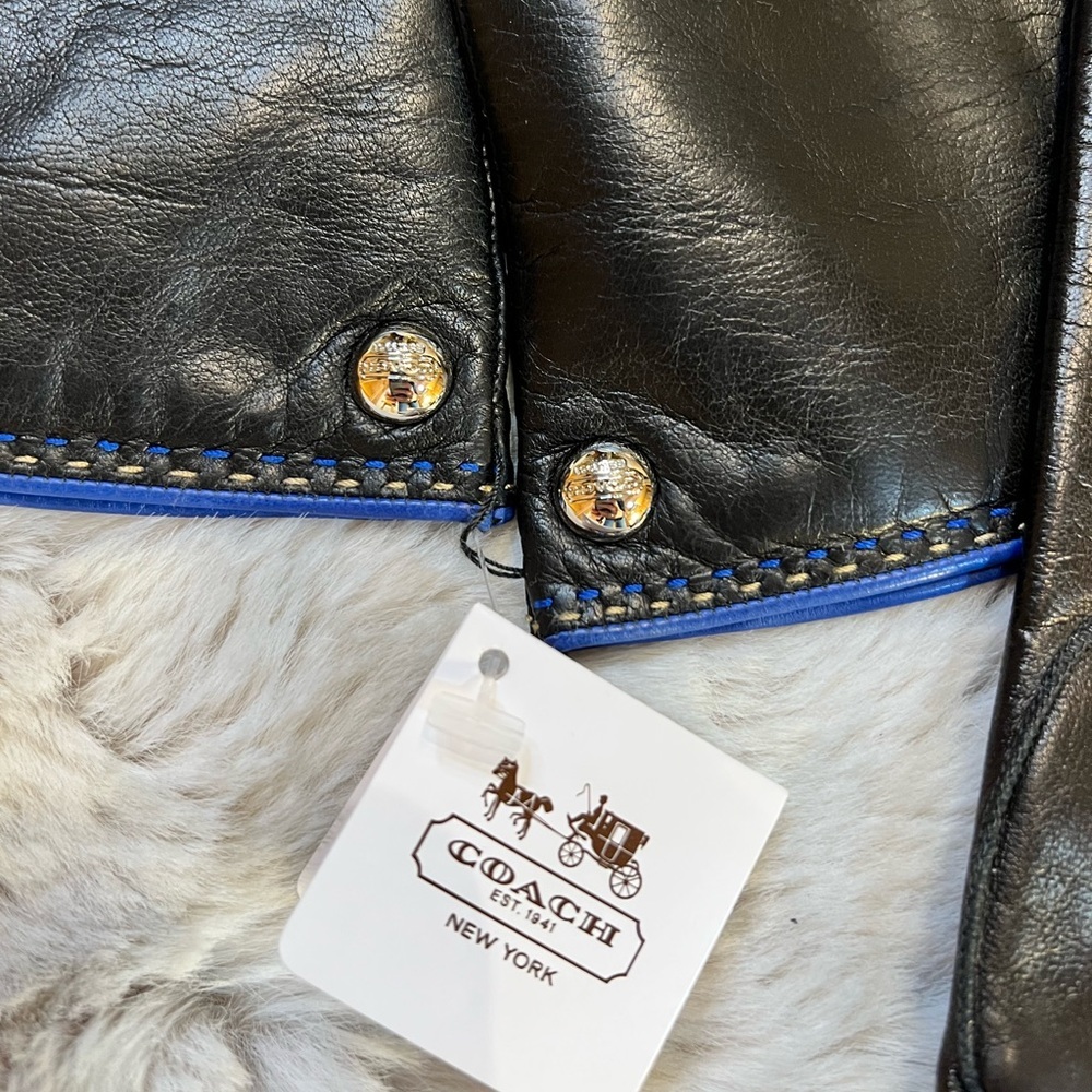 NWT $108 GLOVES by COACH Black Leather with Blue Trim/Silver Stud Multiple Sizes - Picture 5 of 7